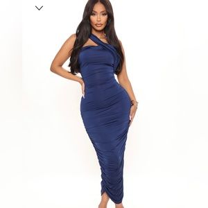 Fashion Nova- Tessa Rutched Midi Dress- Navy